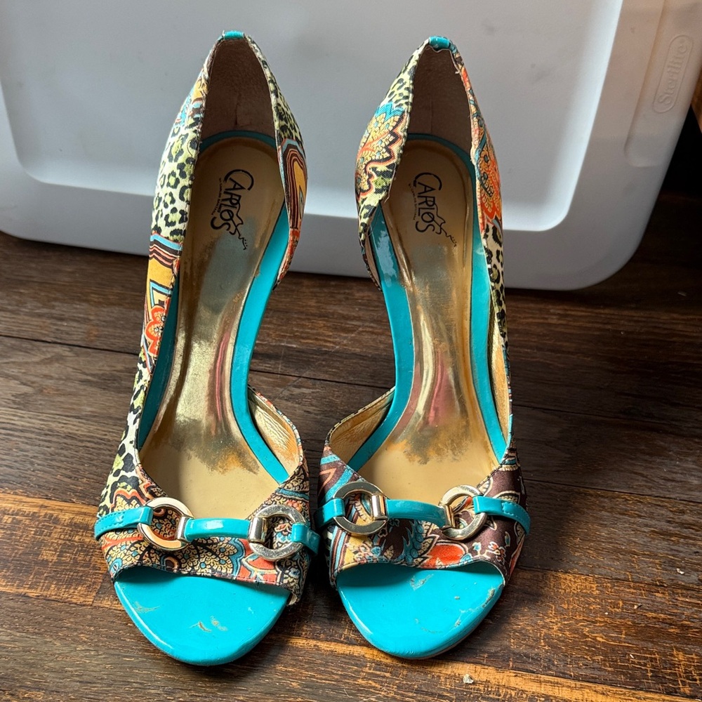 Carlos by Carlos Santana Turquoise Multi-Pattern Open-Toe Heels
